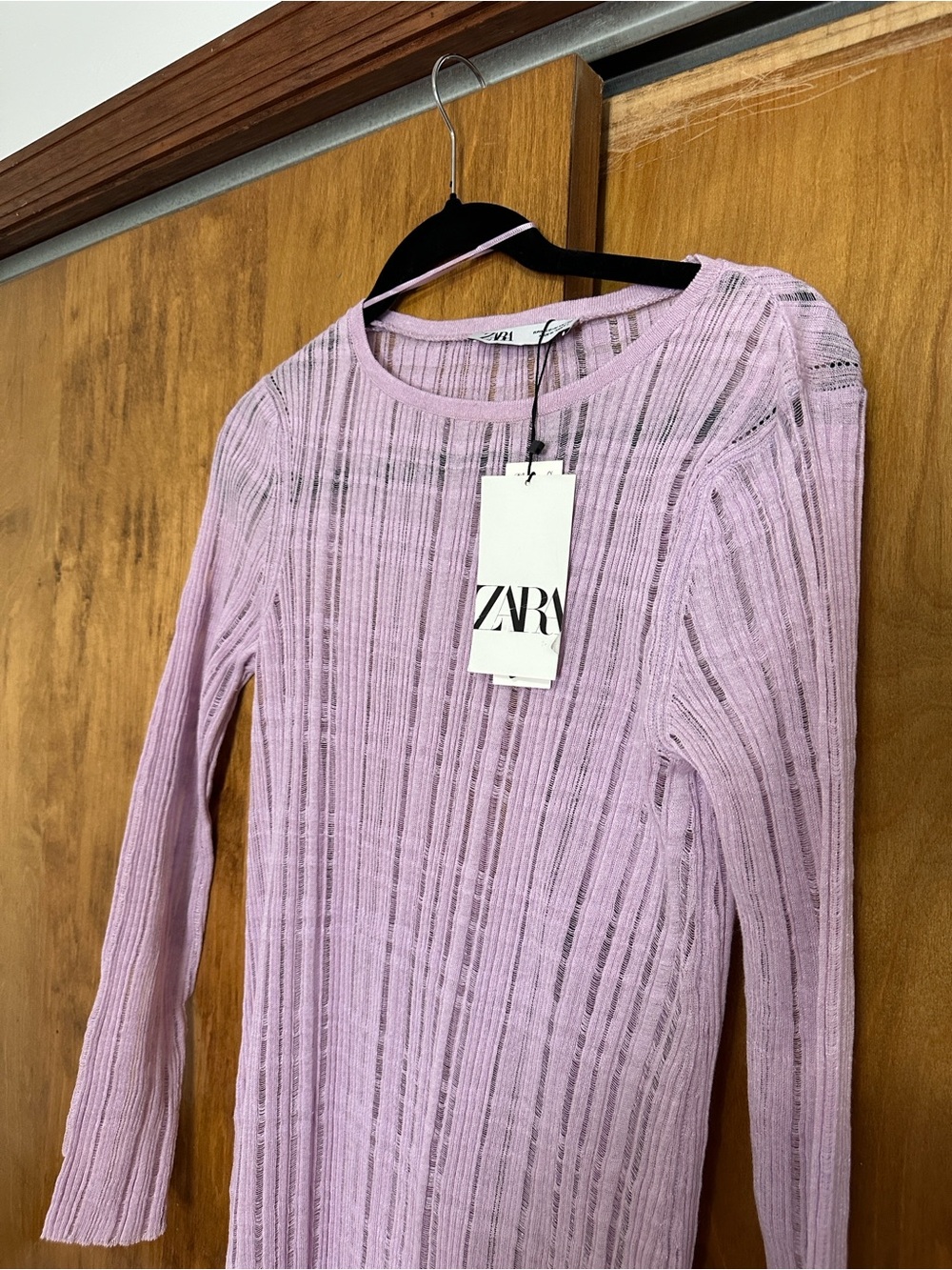 Zara Pastel Lilac Ribbed Long-Sleeve Dress Midi Dress